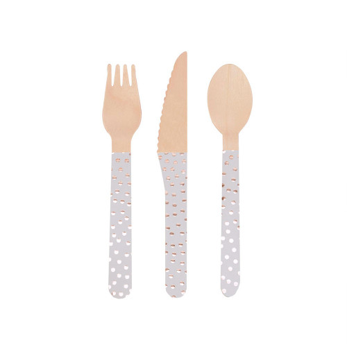 Pk24 Wooden Party Cutlery Rose Gold White Dots