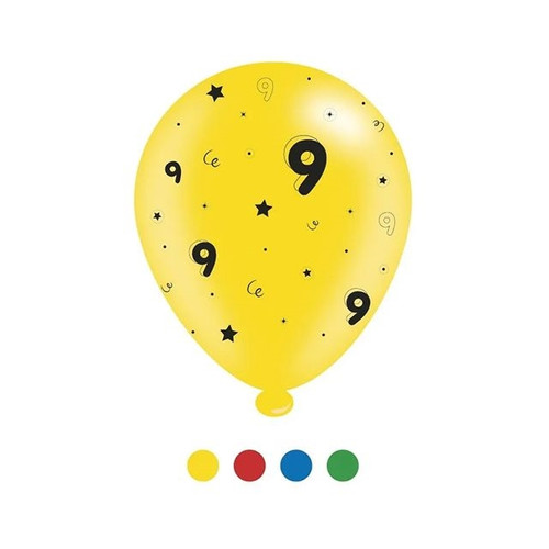 Age 9 Unisex Birthday Latex Balloons pk of 8 (1/48)