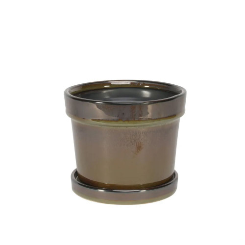 Painted TC Pot with Saucer Vintage Brown-Stoneware (13x11cm)