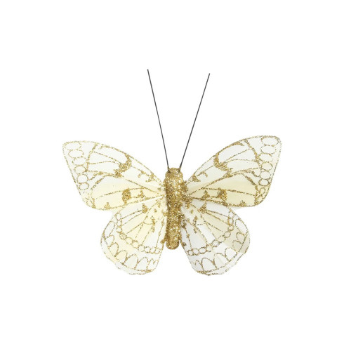 Cream/Gold Feather & Glitter Butterfly 6cm x 8cm w/clip/Pk 12
