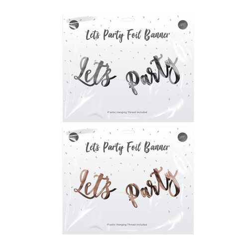Metallic Let's party Foil Banner - Silver and Rose Gold