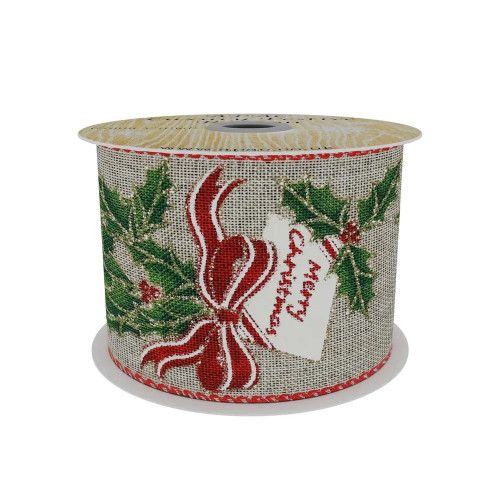 Natural Ribbon with Holly & Bow Print 63mm x 10yd