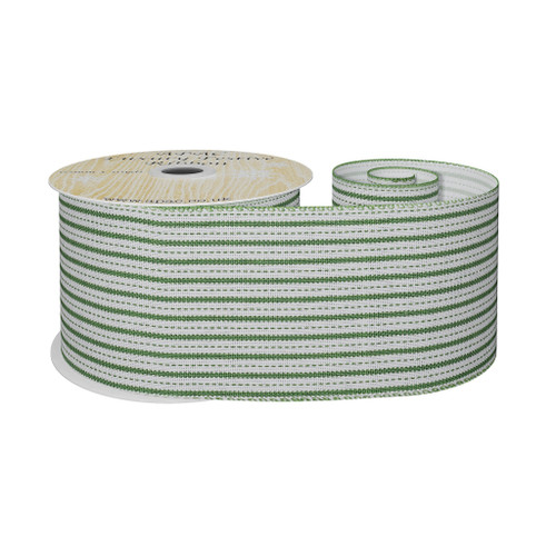 White and Green  Stripe Fabric Ribbon 63mm x 10yd