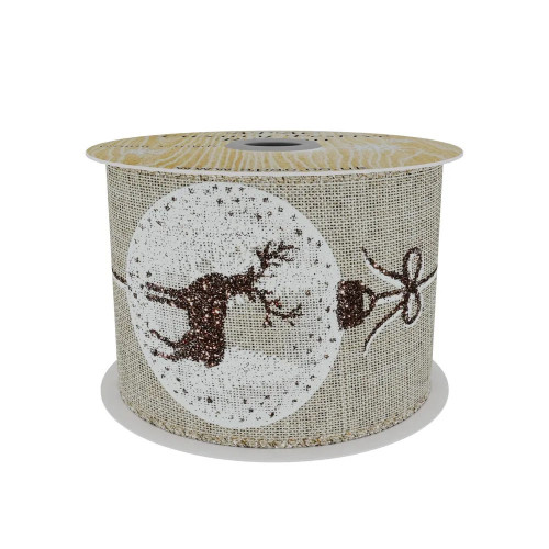 Natural Ribbon with Reindeer Bauble Print -Brown/ White  63mm x 10yd