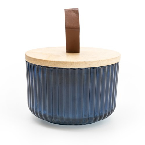 9Cm Ridged Glass Candle With Wooden Lid Blue Midnight Pomegranate Scent