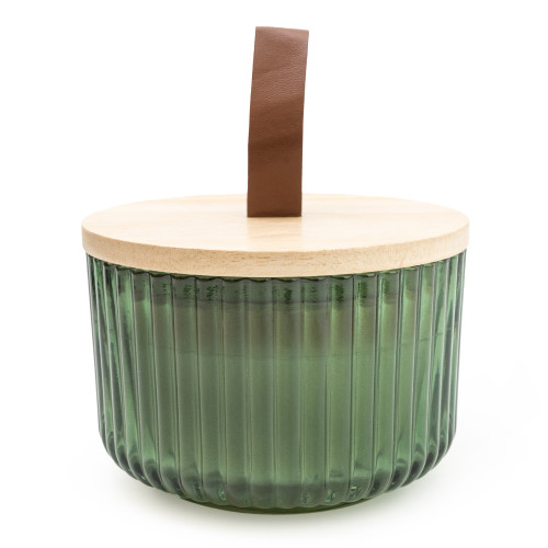 9Cm Ridged Glass Candle With Wooden Lid Green Sicilian Basil & Wild Lemon Scent