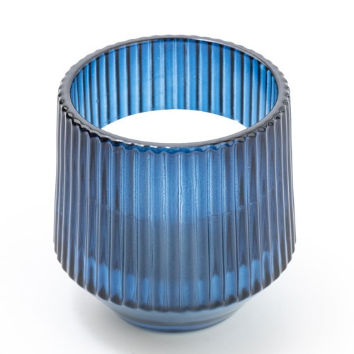 8Cm Ridged Glass Candle Blue Midnight Pomegranate Scent