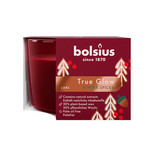 Bolsius Christmas True Glow Glass  Winter Spices Scented Candle - 63x90mm - Red