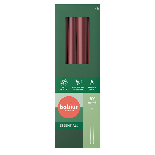 Bolsius Essentials Taper Candles Box of 8 -245x24mm - Velvet Red