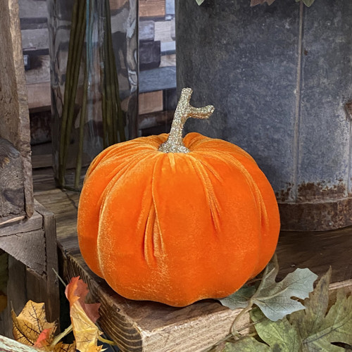Pumpkin Orange Velvet-Gold Glitter Stem 17x17x16cm
