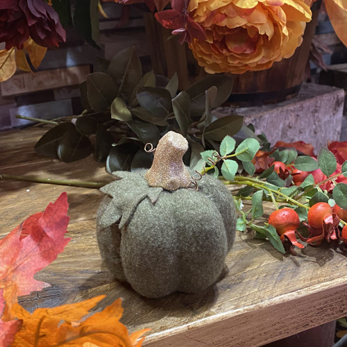Green Felt Pumpkin With Glitter Stem H10x11x11cm