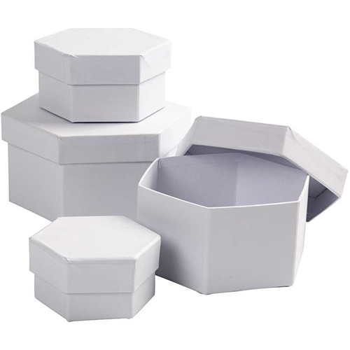 Hexagonal Boxes, white, H: 4+5+6+7 cm, D: 6,5+8+10+12 cm, 4 pc/ 1 set
