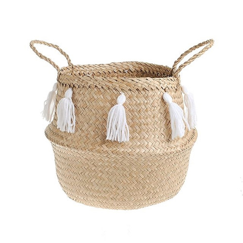 Basket Belly Seagrass With Tassels Wht 30Cm