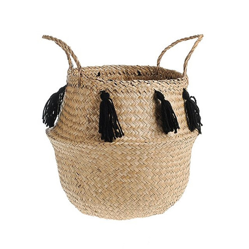 Basket Belly Seagrass With Tassels Blk 30Cm