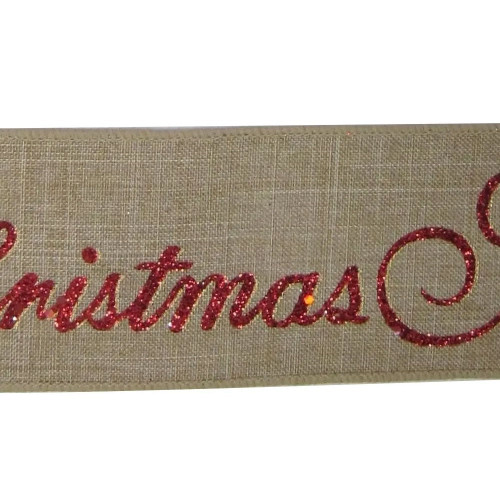 Natural with red glitter Merry Christmas Ribbon 63mm