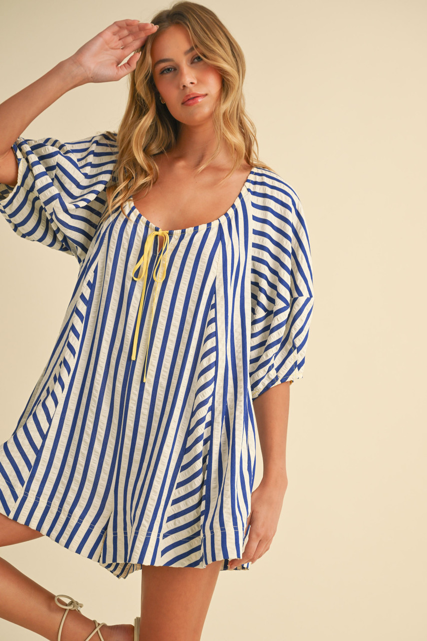 blue cowl neck satin dress Adore Stripe Romper