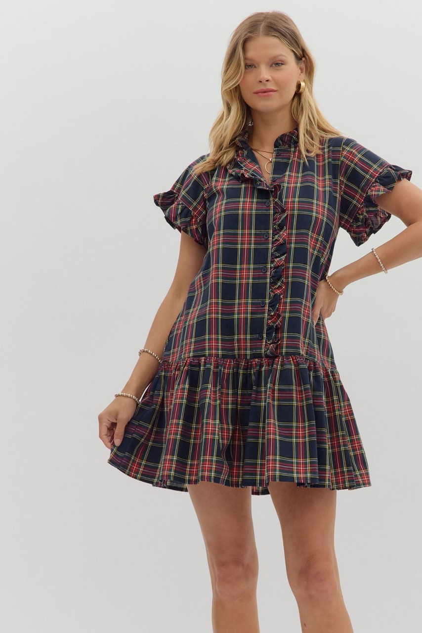 slim fit dress slacks Boswell Tartan Plaid Yare Short Sleeve Mini Dress RED-MULTI / M by Sugarlips