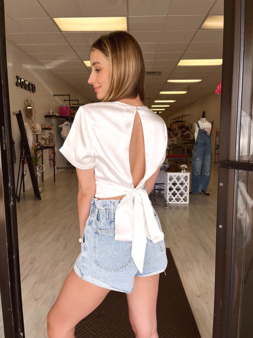 Carly open back white satin top
