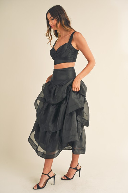 Black 2 piece organza tiered ruffle skirt set