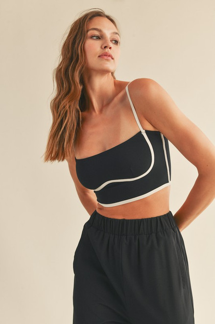 Black sports bra tank with piping detail