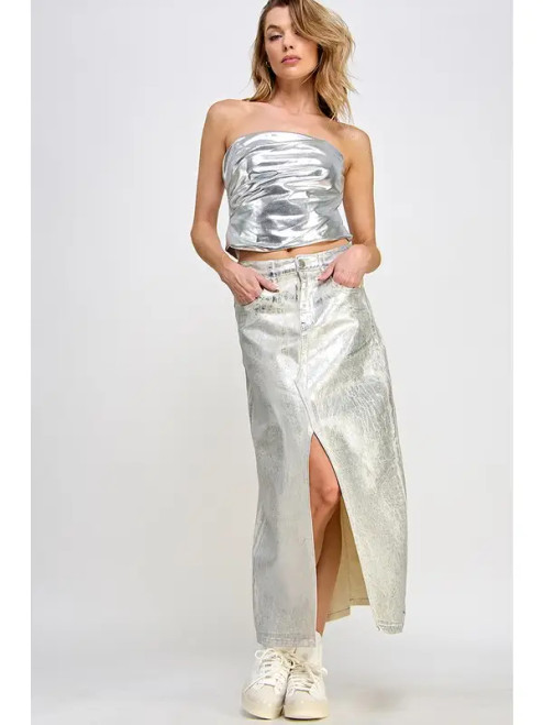 metallic silver coated maxi denim skirt
