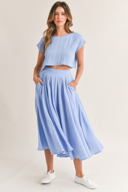 Linen like crop top and midi skirt set in light blue