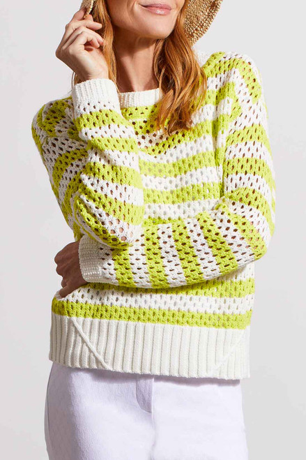 bright lime green stripe sweater with open weave