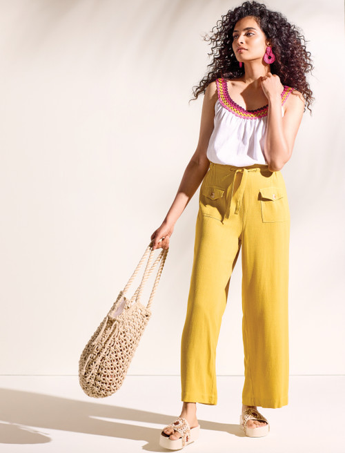 Mustard yellow linen blend paperbag waist pant