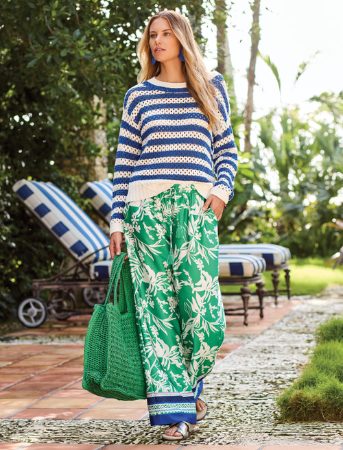 kelly green and blue silky print pant