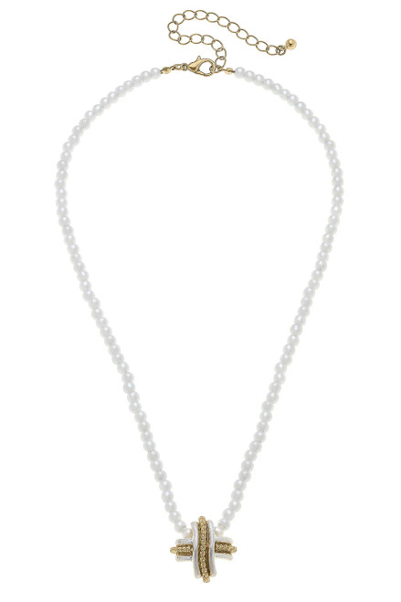 two tone cross pearl beaded necklace