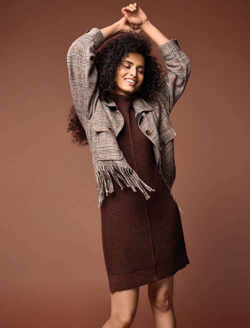 Brown houndstooth cropped shacket with fringe trim