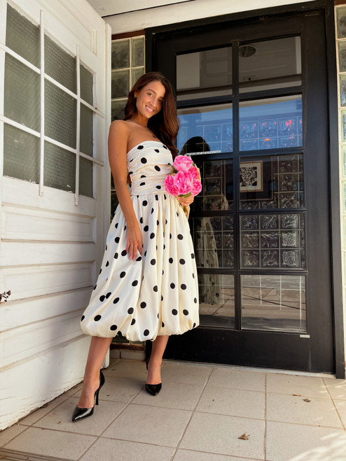Ivory strapless midi dress with polka dot 