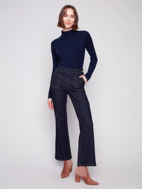 dark wash flare leg side pocket jean