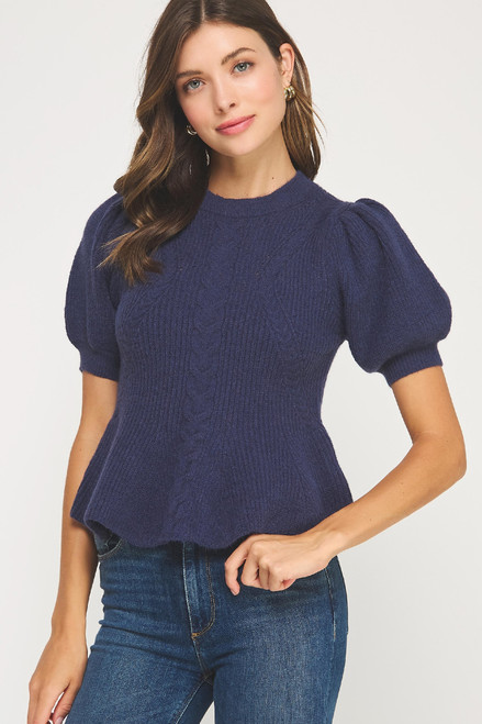 navy peplum short sleeve sweater top