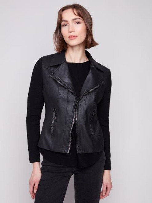 Black faux leather vintage style jacket with zipper details Black faux leather vintage style jacket with zipper details