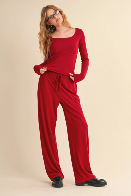 red soft knit jersey wide leg pant