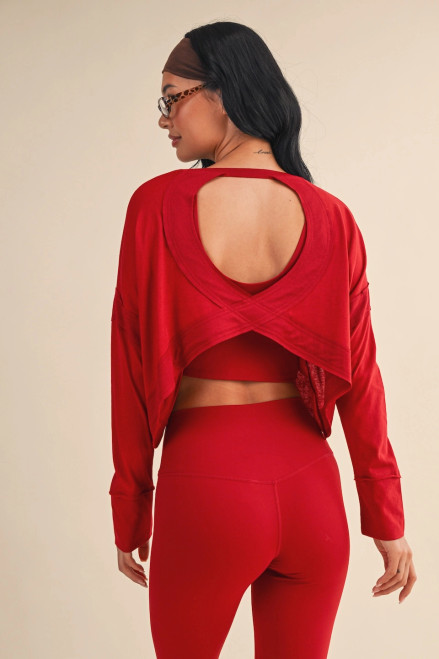 red long sleeve layering tee with cutout open back