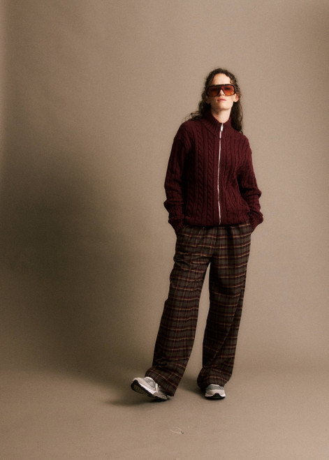 grey and burgundy plaid pant