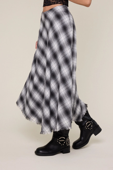 black and white tartan plaid midi skirt