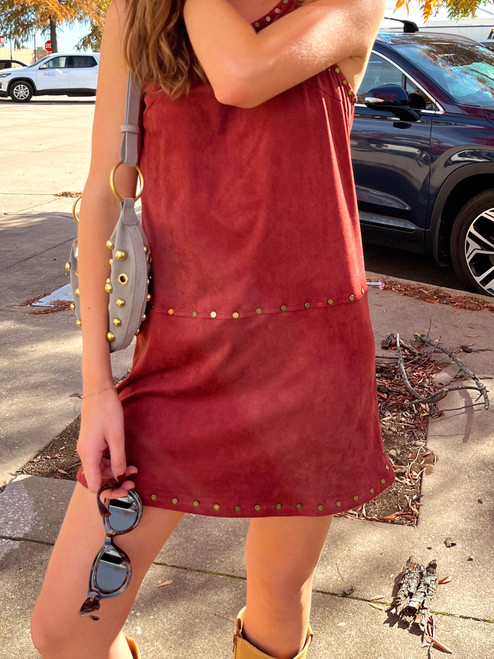 rust suede mini dress with stud details