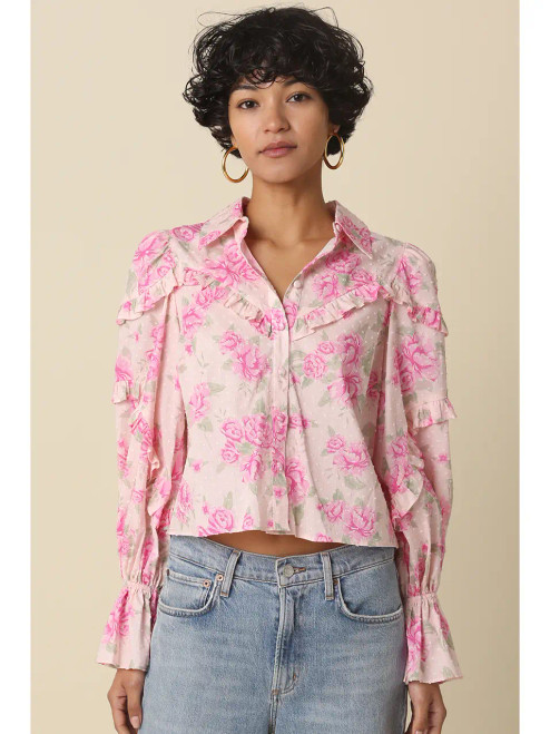 Baby pink floral print ruffle sleeve blouse
