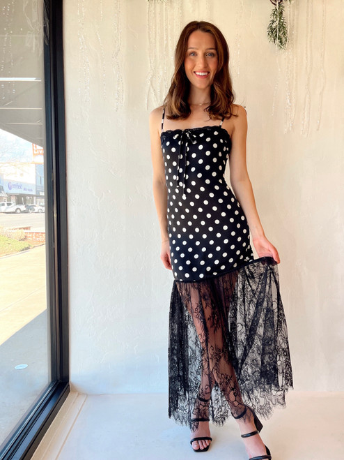 Black and white polka dot dress with black lace trim