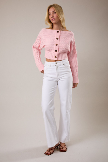 light pink off the shoulder button front sweater top