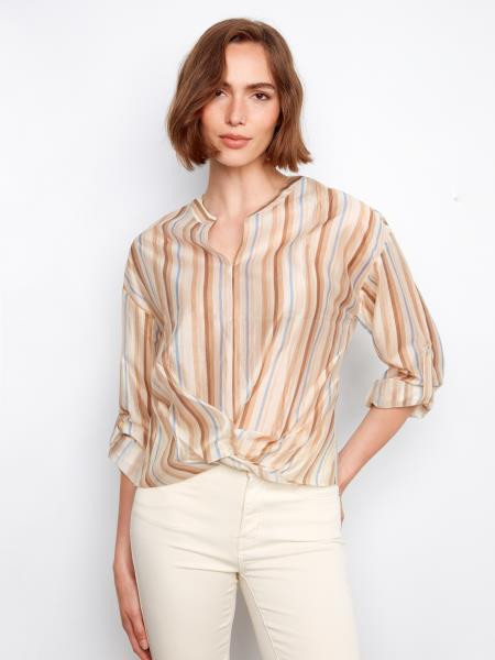 neutral tone long sleeve nearly sheer blouse
