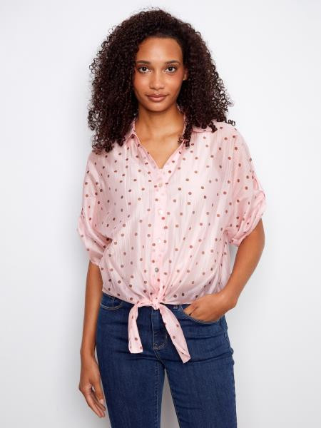 pink and brown polka dot top