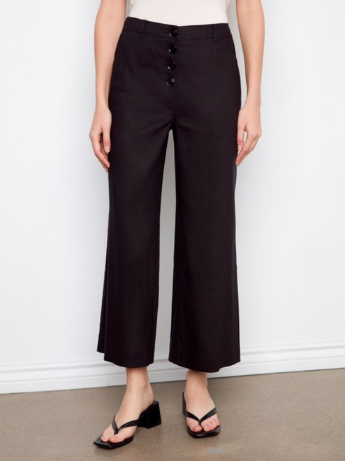 Black stretch linen pant with exposed button