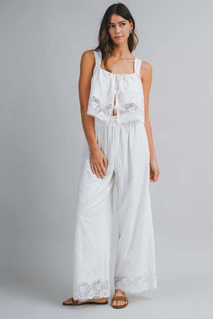 white embroidered detail top and pant set