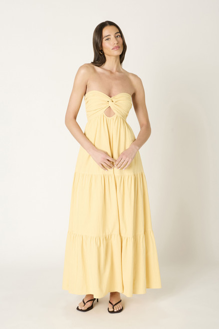 yellow strapless maxi dress with back cutout