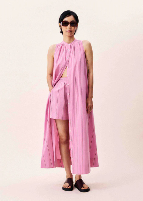 light pink striped button front tunic can be worn as a dress or top