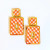 Orange and white gingham print rectangle earring
